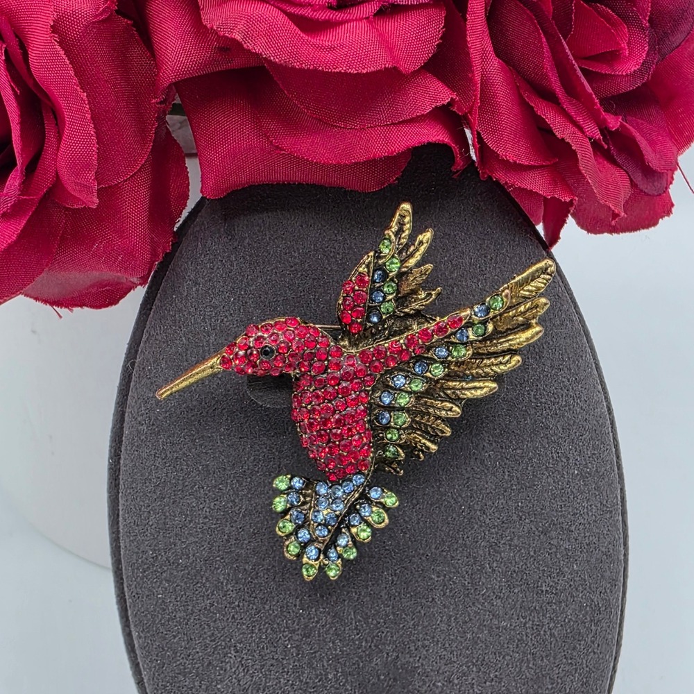 Hummingbird Brooch Red Blue Green Rhinestone Antique Gold Tone Bird Pin